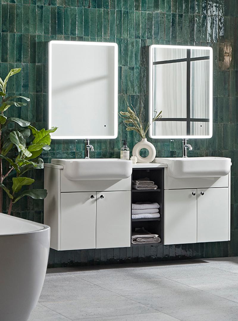 Aruba Fitted Furniture in white with Green bathroom tiles