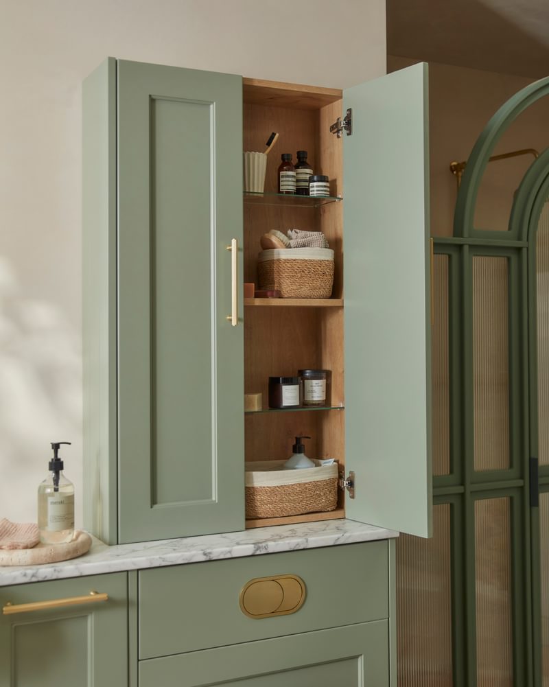 Burford Cupboard Sage Green Door open with internal shelf Burford Cupboard Sage Green Door open with internal shelf