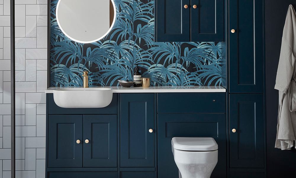 Burford Derwnt Blue with Motif basin and gold tap lifestyle