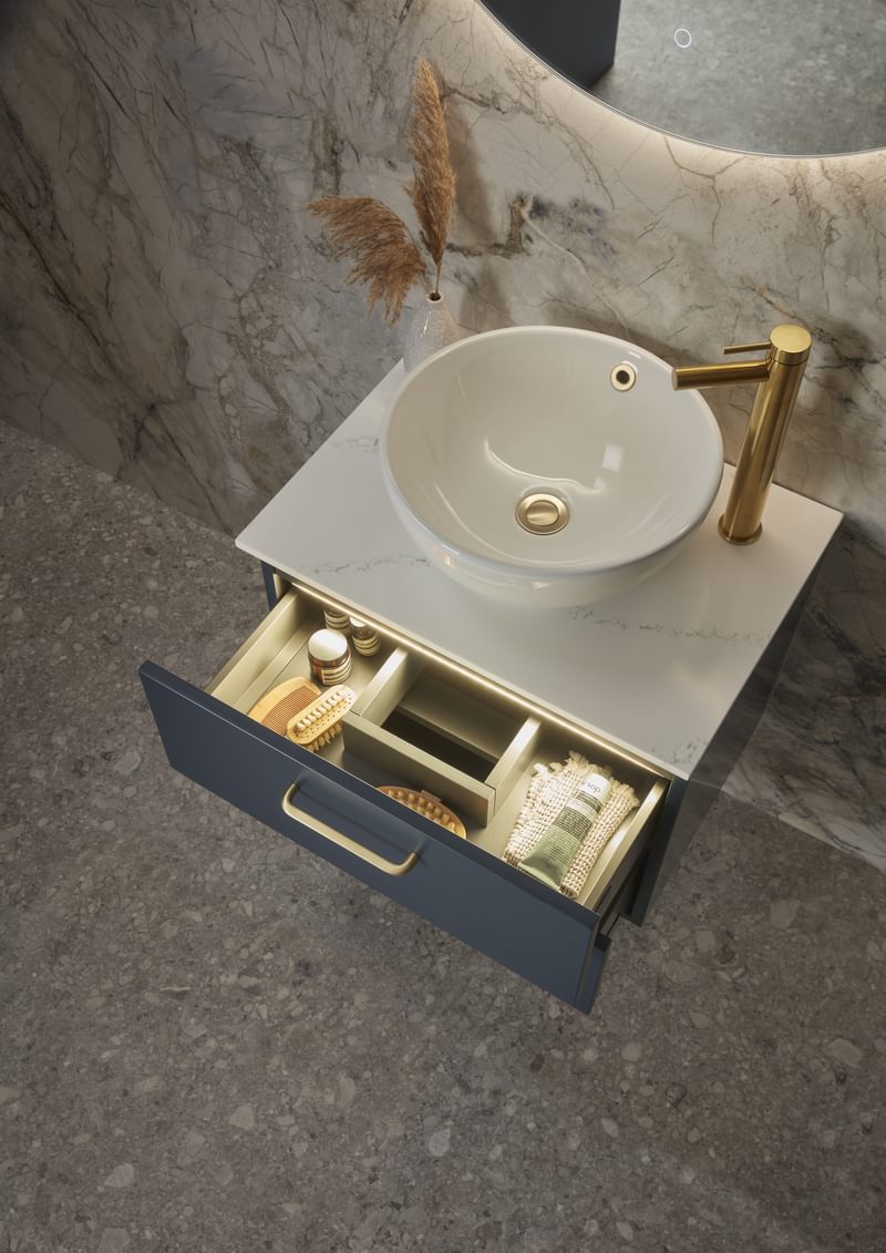 Cadence 600mm Oxford Blue with brass handle Internal Drawer 0340 Cadence 600mm Oxford Blue with brass handle Internal Drawer 0340