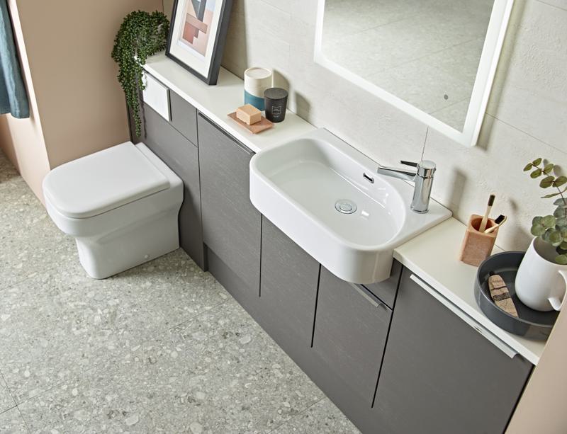Charcoal Elm furniture top down view of Accent sanitaryware lifestyle