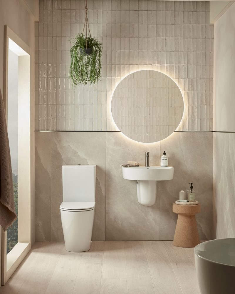 Compass Round CC Fully Enclosed WC with Semi Ped Basin Front On Lifestyle Compass Round CC Fully Enclosed WC with Semi Ped Basin Front On Lifestyle