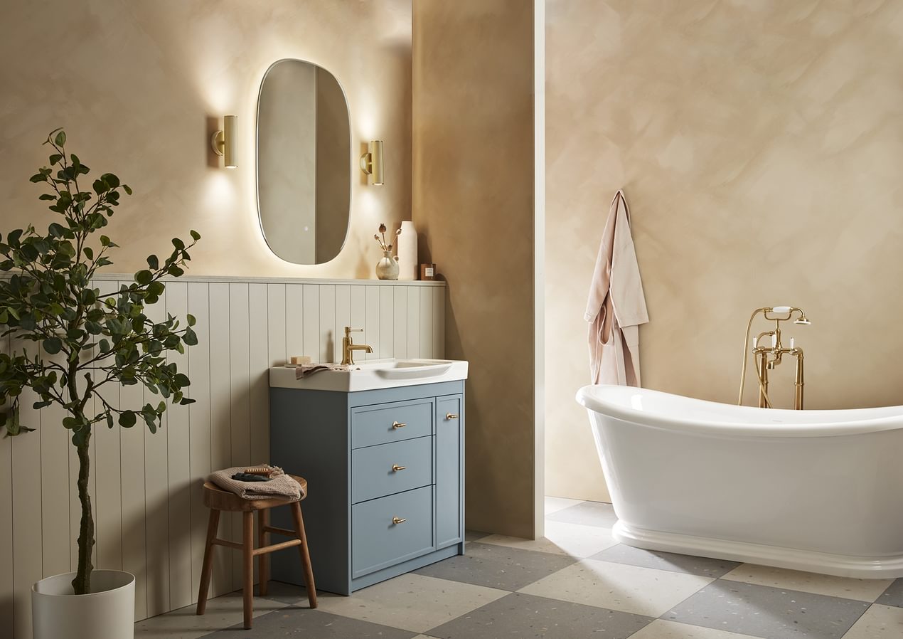 Concierge Coniston Blue wiith Ritual Mirror and fluted wall lights