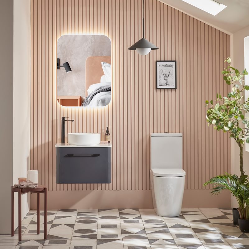 Contour 600 wall mounted unit anthracite with vessel basin front on lifestlye with bedroom Contour 600 wall mounted unit anthracite with vessel basin front on lifestlye with bedroom