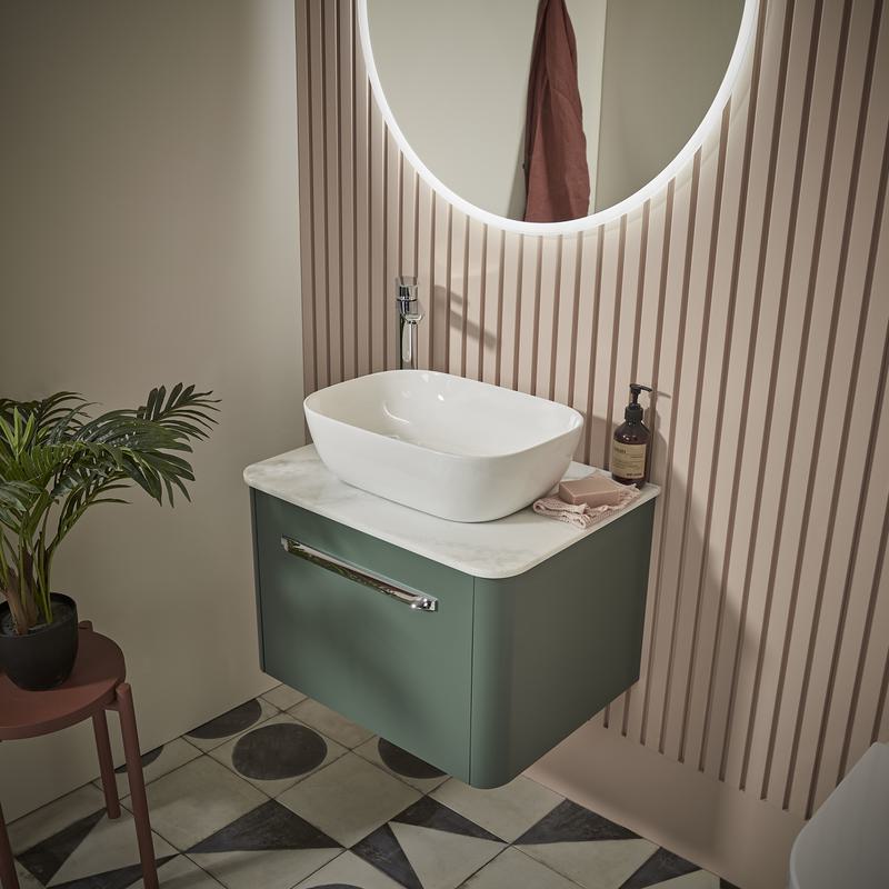 Contour 600 wall mounted unit nordic green with vessel basin lifestlye