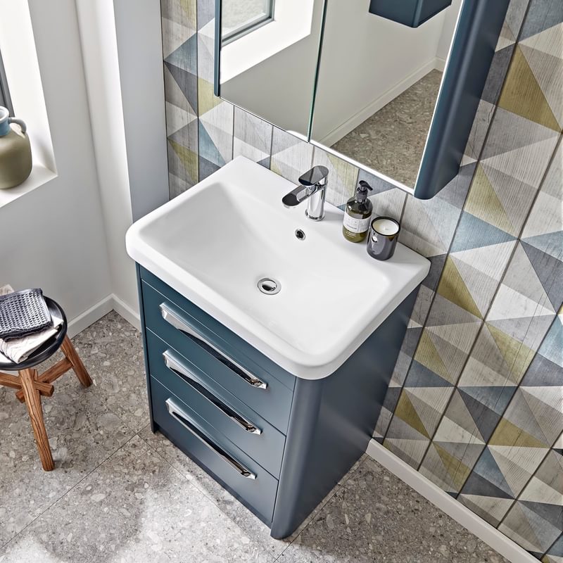 Contour 600mm dark blue 3 drawer unit and double door cabinet lifestyle Contour 600mm dark blue 3 drawer unit and double door cabinet lifestyle