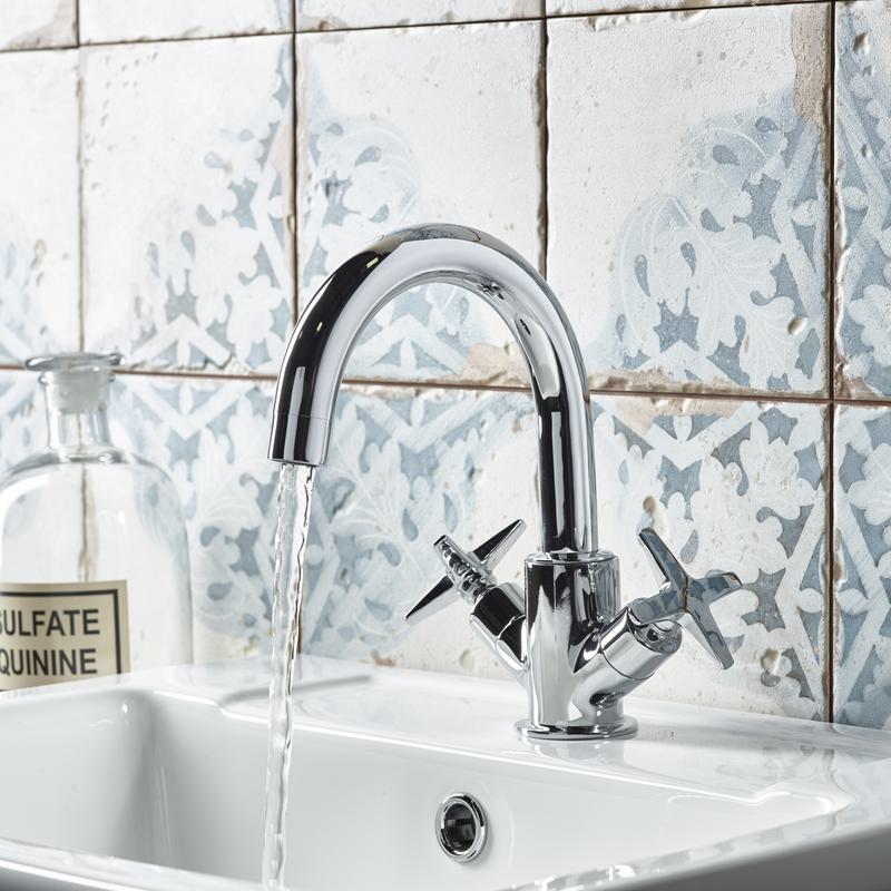 Fairview basin mixer lifestyle with water lifestyle