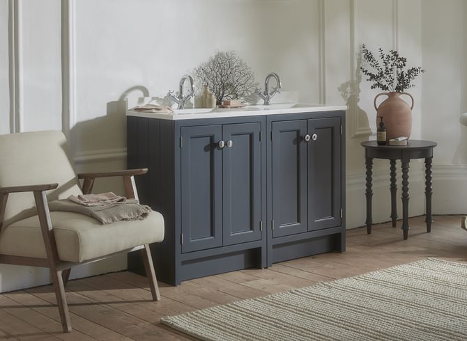 Hampton Double Basin Unit Slate Grey Front On Lifestyle Hampton Double Basin Unit Slate Grey Front On Lifestyle