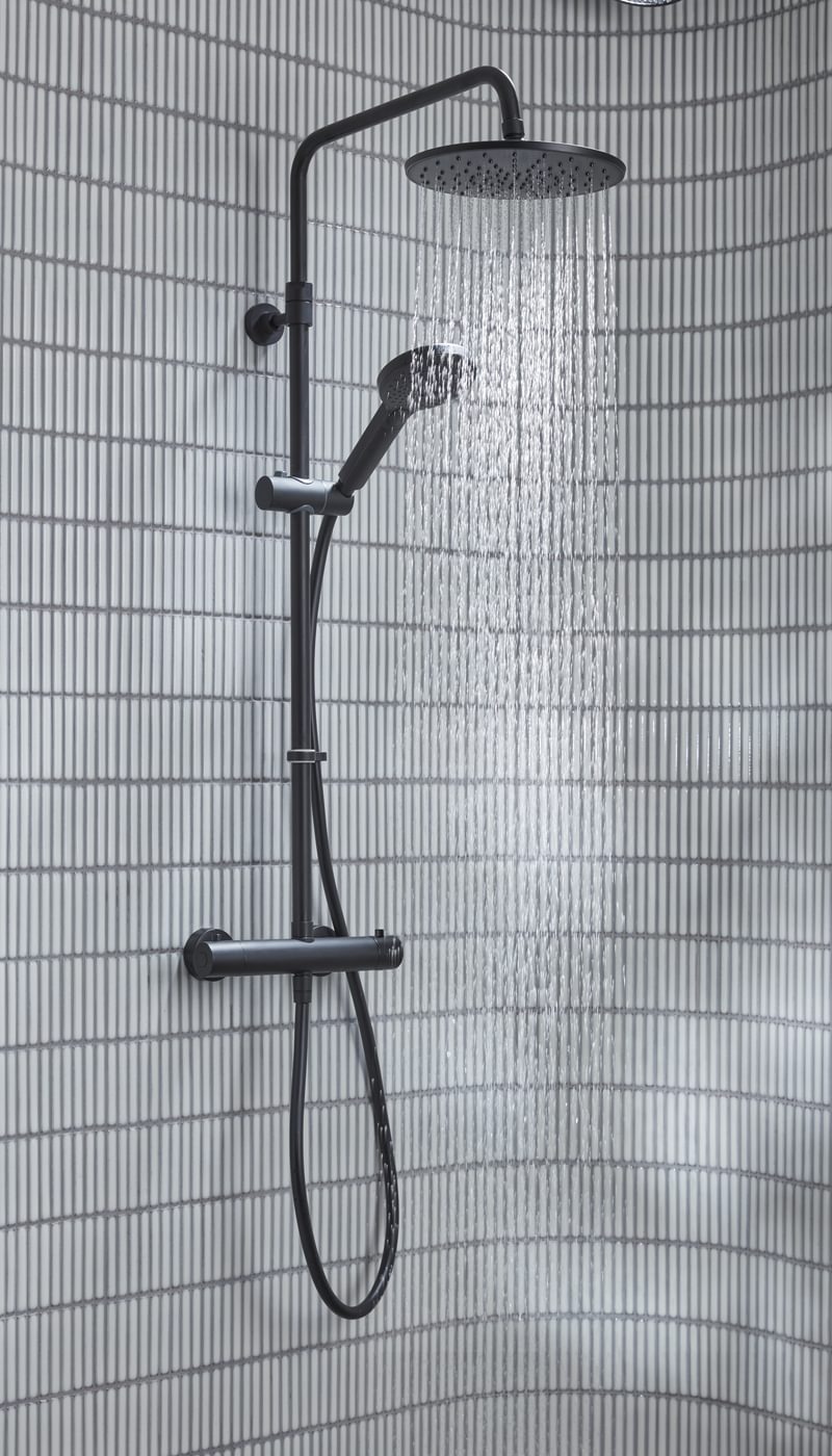Joy Black Bar Valve Shower System Lifestyle Water On Joy Black Bar Valve Shower System Lifestyle Water On