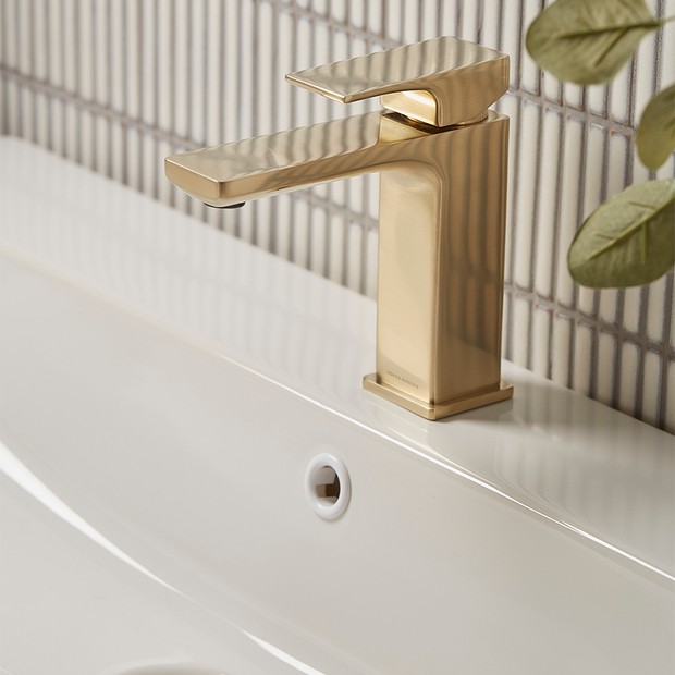 Metric Brushed Brass Basin Mixer Tap with Brass Waste Lifestyle
