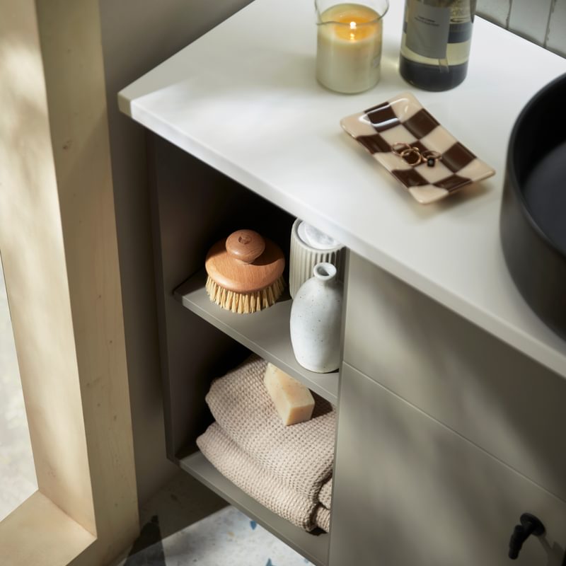 Muse Stone Grey FF open shelf shot lifestyle Muse Stone Grey FF open shelf shot lifestyle