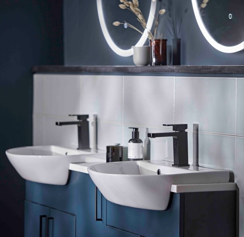 Muse dark blue fitted furniture with semi countertop basins lifestyle Muse dark blue fitted furniture with semi countertop basins lifestyle