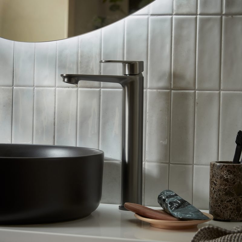 R2 Fuse Tall Mixer Gunmetal Tap with Arita Basin Lifestyle Front on R2 Fuse Tall Mixer Gunmetal Tap with Arita Basin Lifestyle Front on