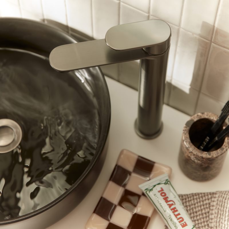 R2 Fuse Tall Mixer Gunmetal Tap with Arita Basin Lifestyle Top down close up R2 Fuse Tall Mixer Gunmetal Tap with Arita Basin Lifestyle Top down close up