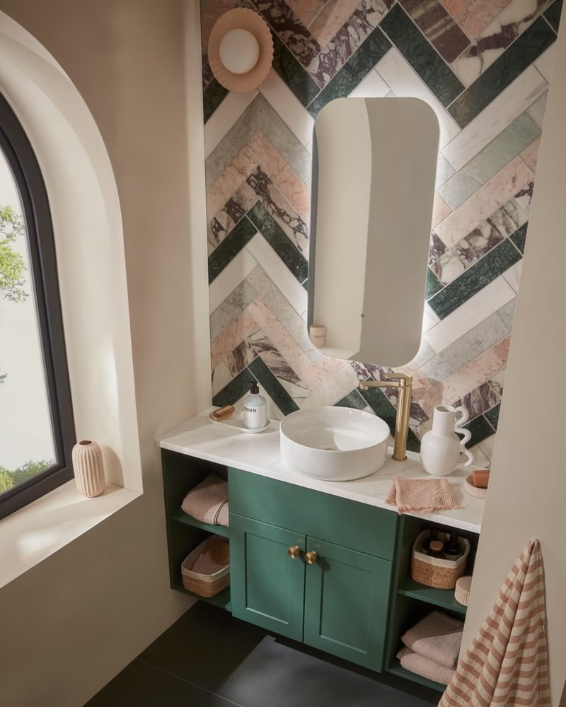 Stow Nordic Green with Pure 400 mirror countertop basin lifestyle Stow Nordic Green with Pure 400 mirror countertop basin lifestyle