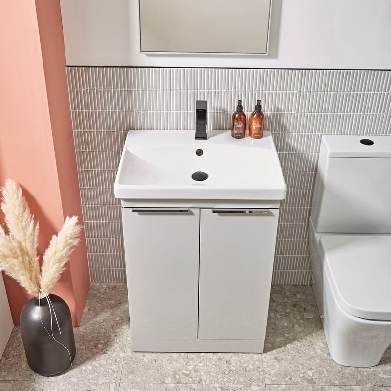 Type 600mm light grey freestanding unit top down with Serenity CC WC and Serve black tap lifestyle Type 600mm light grey freestanding unit top down with Serenity CC WC and Serve black tap lifestyle