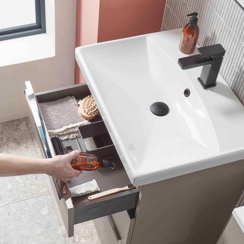 Type 600mm stone grey 3 drawer unit drawer top down open with Serve BM lifestyle Type 600mm stone grey 3 drawer unit drawer top down open with Serve BM lifestyle