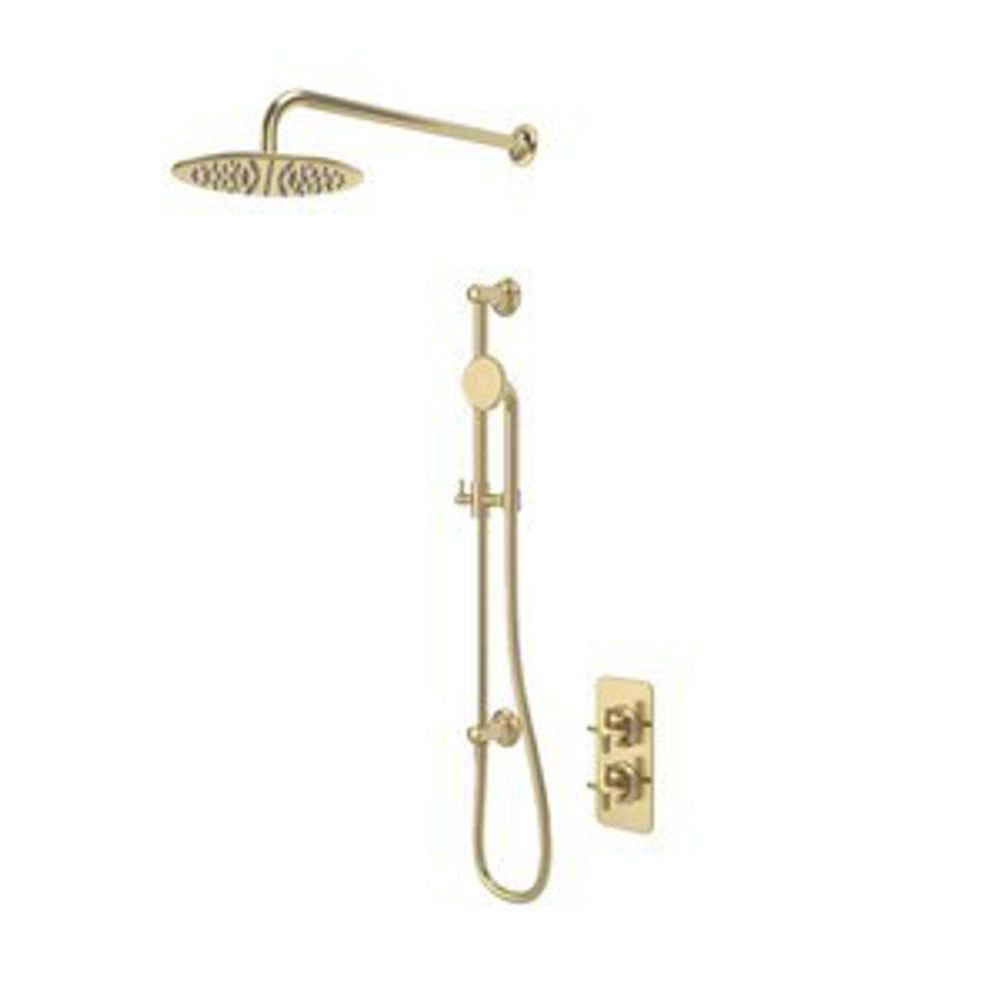 Walcot Dual Function Shower System with Outlet Riser Kit Overhead Shower Brushed Brass 1102665 1 slide image Walcot Dual Function Shower System with Outlet Riser Kit Overhead Shower Brushed Brass 1102665 1 slide image