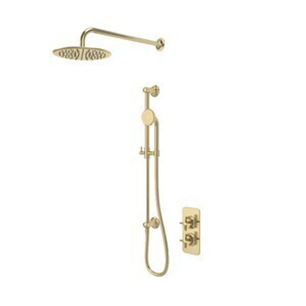 Walcot Dual Function Shower System with Outlet Riser Kit Overhead Shower Brushed Brass 1102665 1 Walcot Dual Function Shower System with Outlet Riser Kit Overhead Shower Brushed Brass 1102665 1