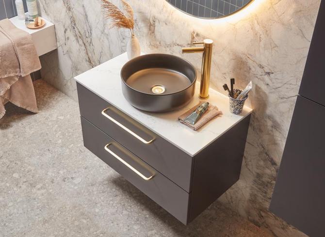 800mm unit Storm Grey with Bianco white worktop Black vessel basin detail Cadence 0630 800mm unit Storm Grey with Bianco white worktop Black vessel basin detail Cadence 0630