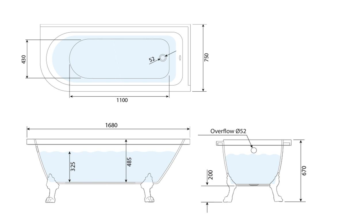 Widcombe Corner Shower Bath 1700 Right technical drawing