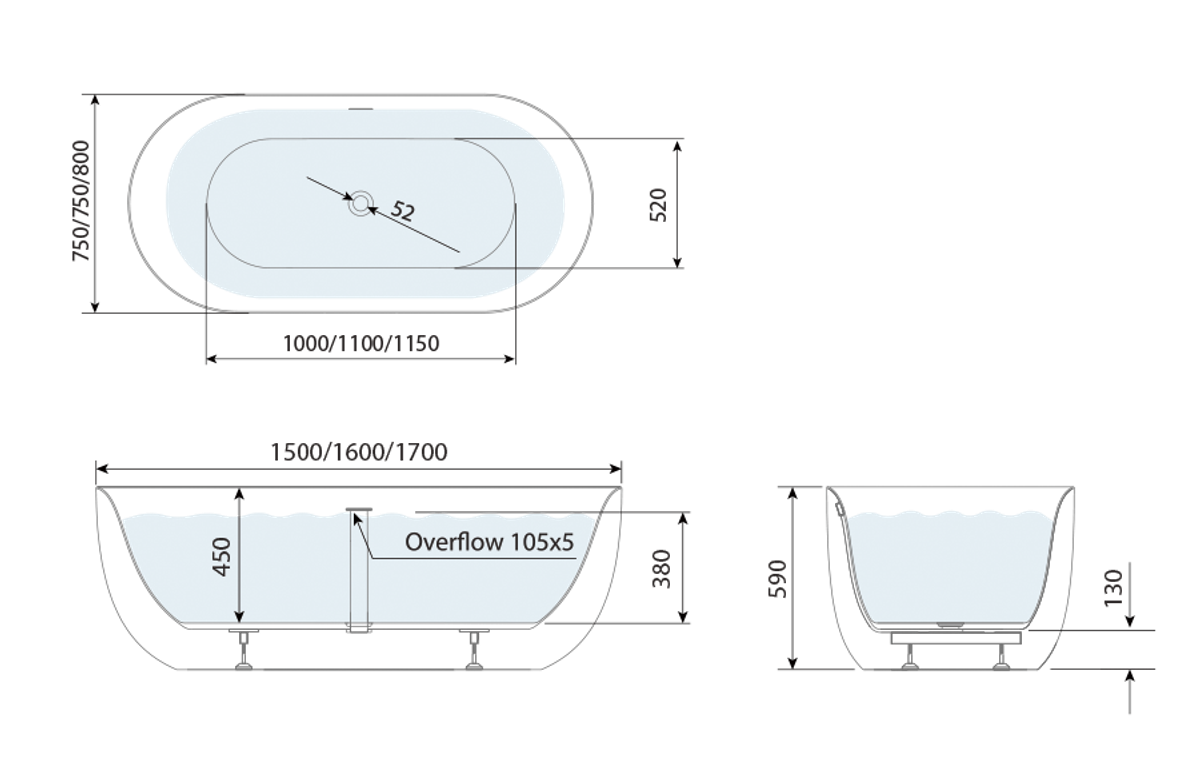 Note Double Ended Freestanding Bath 1600 technical drawing Note Double Ended Freestanding Bath 1600 technical drawing