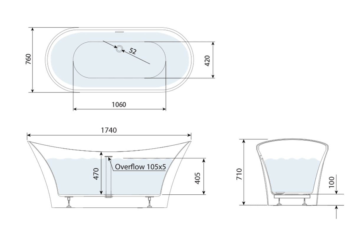 Paradigm Double Ended Slipper Freestanding Bath 1700 technical drawing Paradigm Double Ended Slipper Freestanding Bath 1700 technical drawing