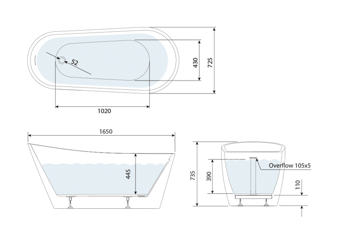 Paradigm Single Ended Slipper Freestanding Bath 1660 technical drawing