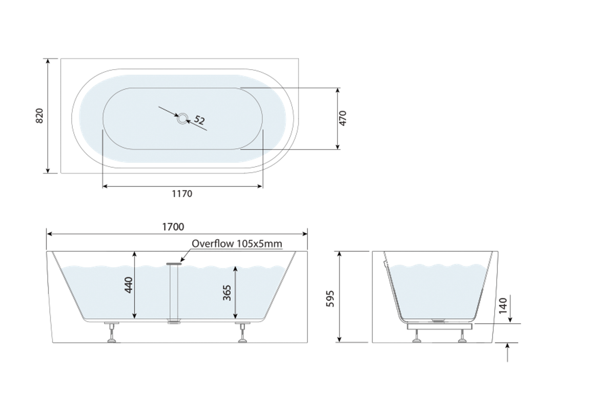 Note Corner Shower Bath 1700 Left technical drawing