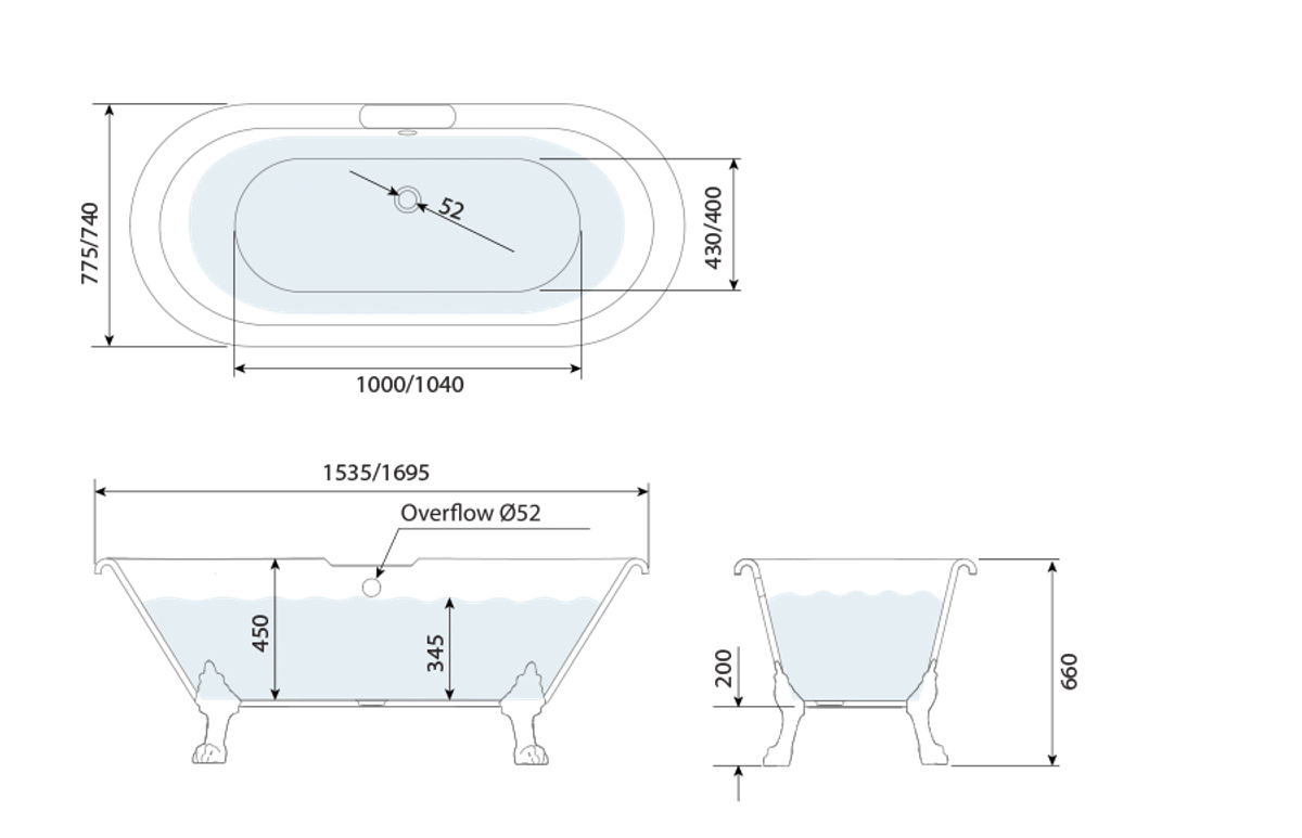 Widcombe Double Ended Roll Top Freestanding Bath 1500 technical drawing