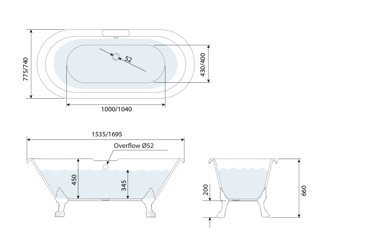Widcombe Double Ended Roll Top Freestanding Bath 1700 technical drawing Widcombe Double Ended Roll Top Freestanding Bath 1700 technical drawing