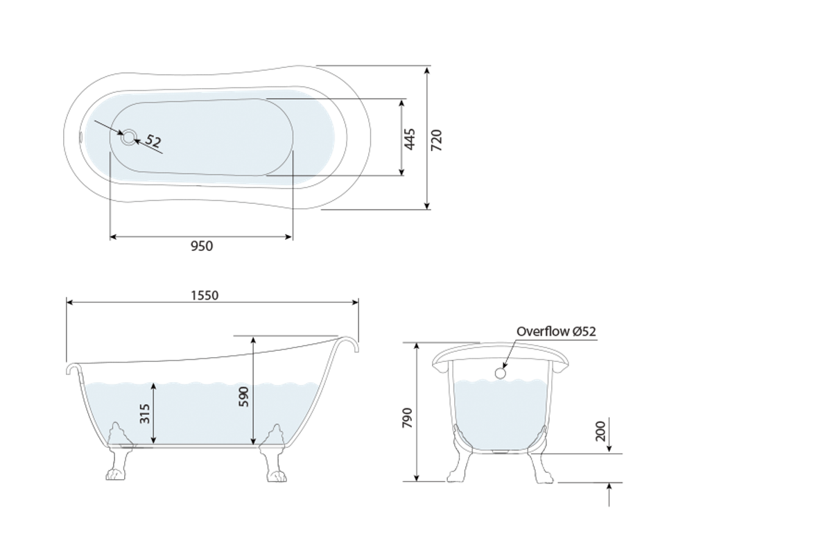 Widcombe Single Slipper Roll Top Freestanding Bath 1500 technical drawing