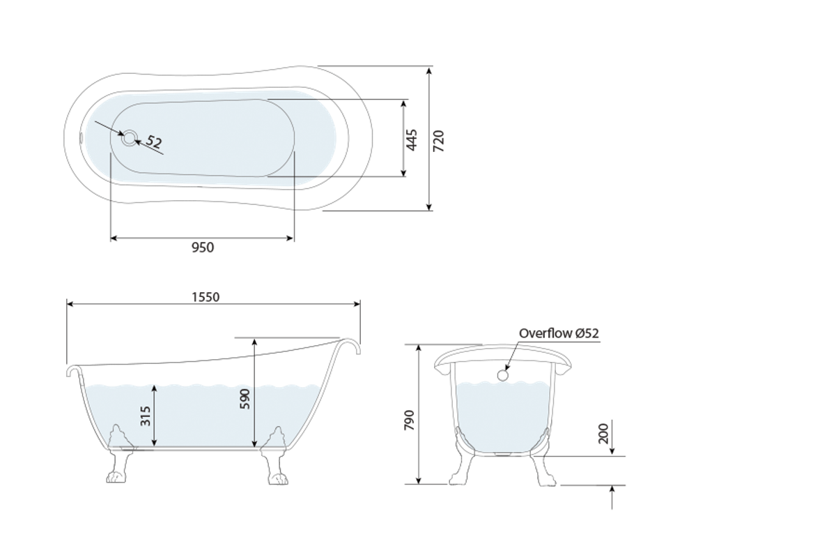 Widcombe Single Slipper Roll Top Freestanding Bath 1500 technical drawing Widcombe Single Slipper Roll Top Freestanding Bath 1500 technical drawing