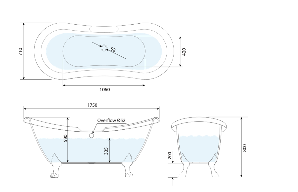 Widcombe Double Slipper Roll Top Freestanding Bath 1750 technical drawing