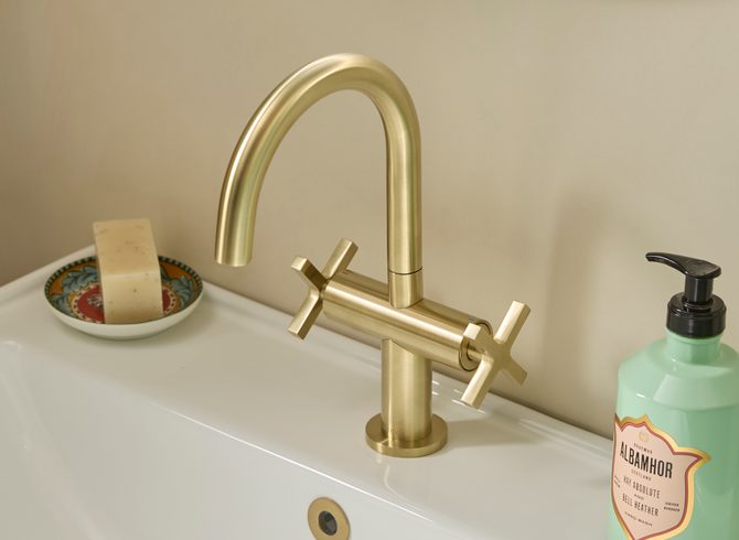 Cohort Cross Brushed Brass Basin Mixer Lifestyle 5 Cohort Cross Brushed Brass Basin Mixer Lifestyle 5