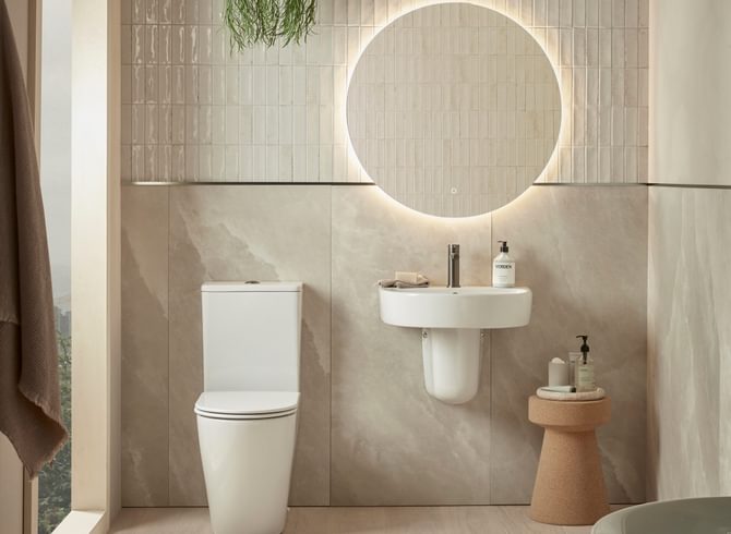 Compass Round CC Fully Enclosed WC with Semi Ped Basin Front On Lifestyle Compass Round CC Fully Enclosed WC with Semi Ped Basin Front On Lifestyle