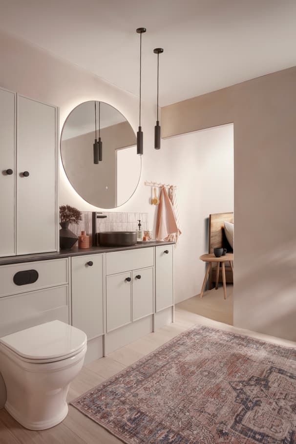 Elan Grey 1800mm run with 1000mm Ritual mirror Paradigm Black Fluted lights Bedroom Lifestyle