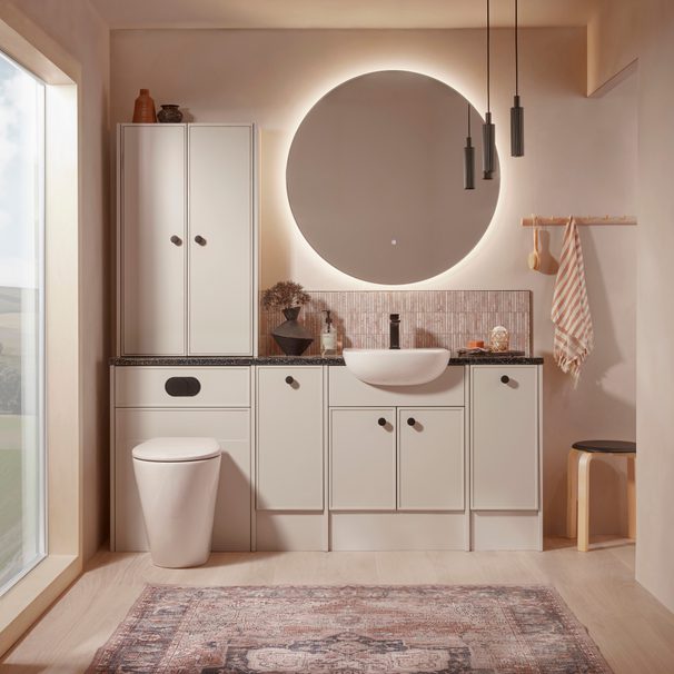 Elan Grey 1800mm run with 1000mm Ritual mirror Paradigm Black Fluted lights Lifestyle