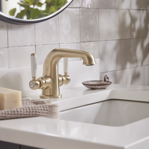 Lansdown Twin Handle Basin Mixer Brushed Brass Lifestyle Lansdown Twin Handle Basin Mixer Brushed Brass Lifestyle