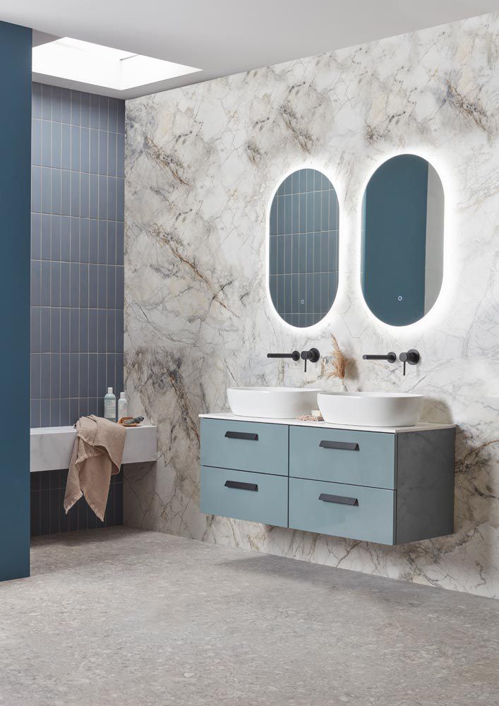 1200mm Spruce with Bianco white worktop and 2x pill basins DC12051 and Beta Pill mirror Cadence0484 slide image 1200mm Spruce with Bianco white worktop and 2x pill basins DC12051 and Beta Pill mirror Cadence0484 slide image