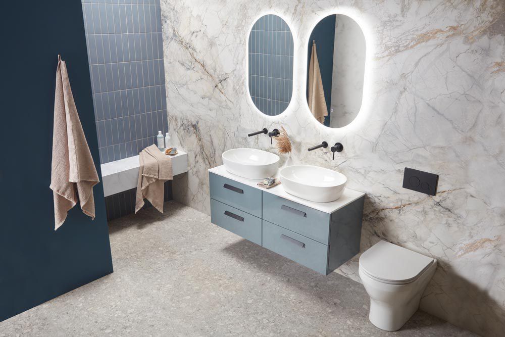 1200mm Spruce with Bianco white worktop and 2x pill basins DC12051 and Beta Pill mirror Landscape hero Cadence 0521 slide image 1200mm Spruce with Bianco white worktop and 2x pill basins DC12051 and Beta Pill mirror Landscape hero Cadence 0521 slide image