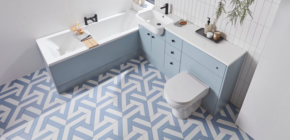 Calm in Matt Mineral Blue with an integrated basin and worktop slide image Calm in Matt Mineral Blue with an integrated basin and worktop slide image