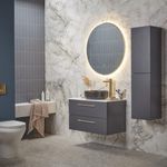 800mm unit Storm Grey with Bianco white worktop Black vessel basin DC12050 Stone Grey column brass backplate Cadence 0606 slide image 800mm unit Storm Grey with Bianco white worktop Black vessel basin DC12050 Stone Grey column brass backplate Cadence 0606 slide image