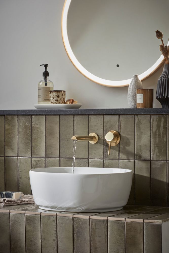 Vessel Basin with Storm Nova Wall Mounted Brushed Brass Basin Mixer - T491904 slide image Vessel Basin with Storm Nova Wall Mounted Brushed Brass Basin Mixer - T491904 slide image