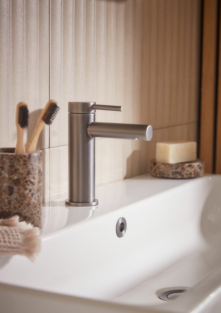 Anthem Basin Mixer Gun Metal Lifestyle slide image Anthem Basin Mixer Gun Metal Lifestyle slide image