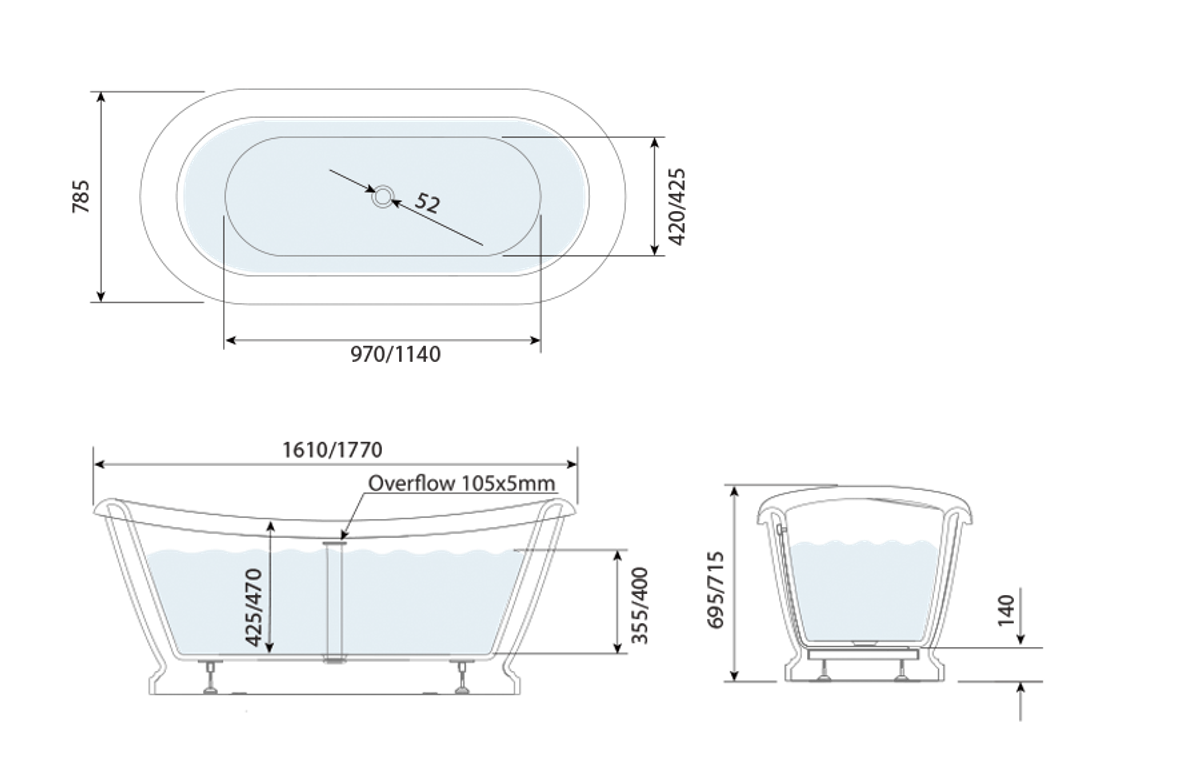 Harrow Double Ended Freestanding Bath 1770 technical drawing Harrow Double Ended Freestanding Bath 1770 technical drawing