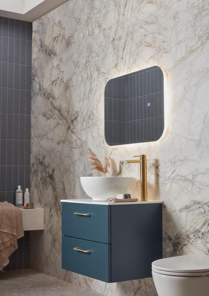 Cadence 600mm Oxford Blue with brass handle white worktop Portal Mirror Detail 0375 slide image Cadence 600mm Oxford Blue with brass handle white worktop Portal Mirror Detail 0375 slide image