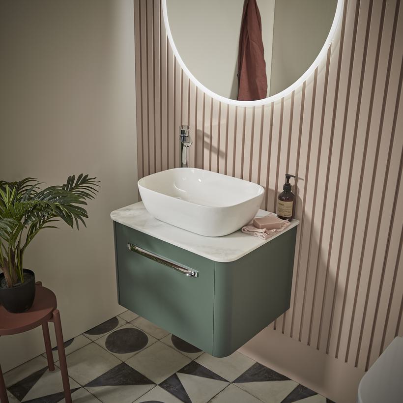 Contour 600 wall mounted unit nordic green with vessel basin lifestlye Contour 600 wall mounted unit nordic green with vessel basin lifestlye