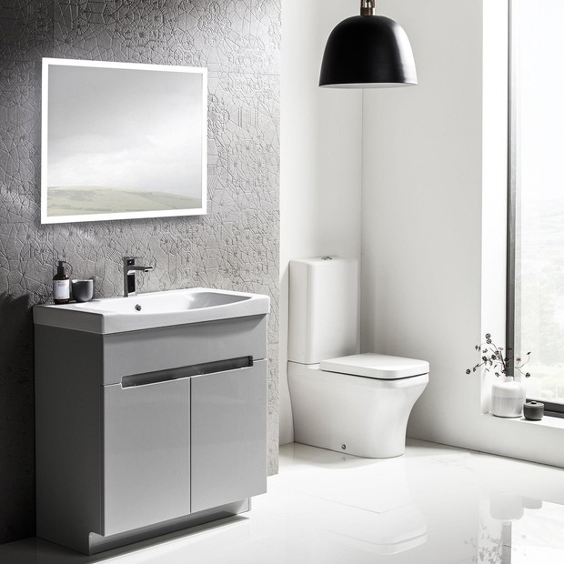 Roper Rhodes freestanding grey bathroom vanity unit with illuminated bathroom mirror