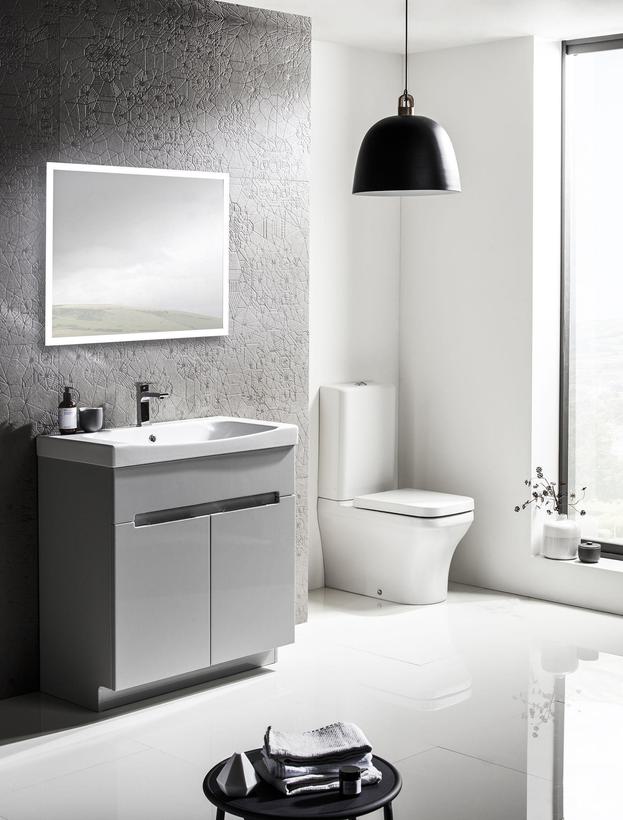 Roper Rhodes freestanding grey bathroom vanity unit with illuminated bathroom mirror